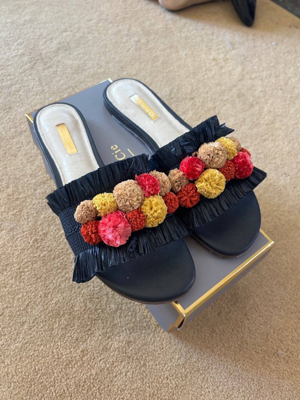 Louise et Cie Arthya Black Raffia Pom Pom Slide Sandals